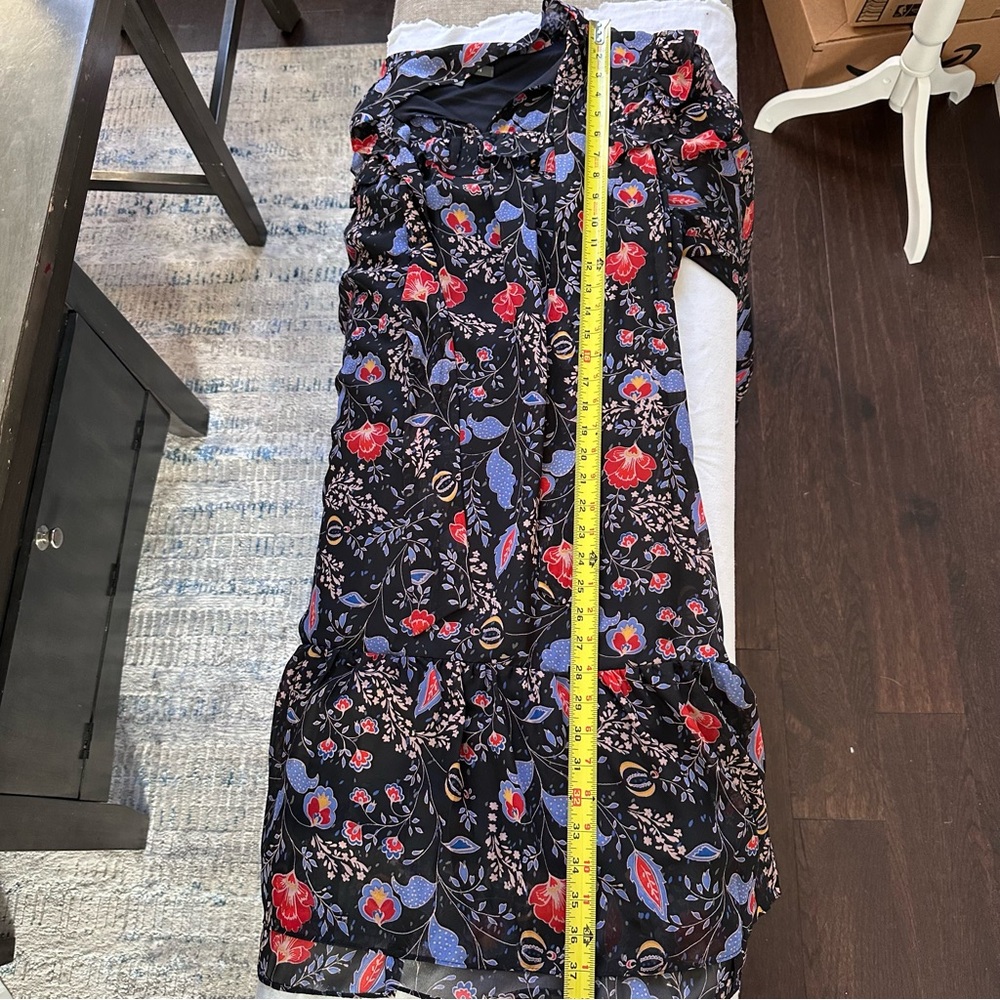 Romantic Floral Tie Neck Dress Black Sheer Sleeve Ruffle Boho - Size 14 - Picture 13 of 13
